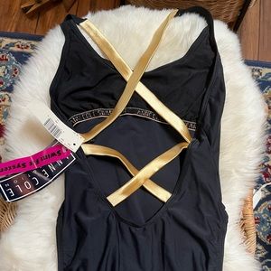 Anne Cole Black one-piece Swimsuit With Gold Straps size 14